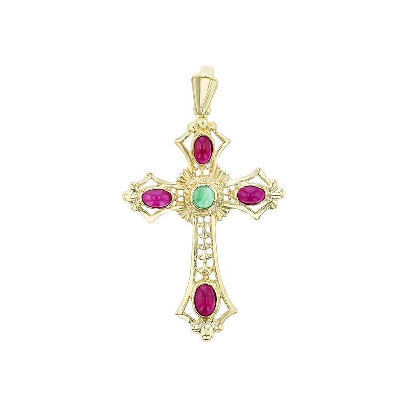 14K Yellow Gold Emerald and Ruby Cross Pendant