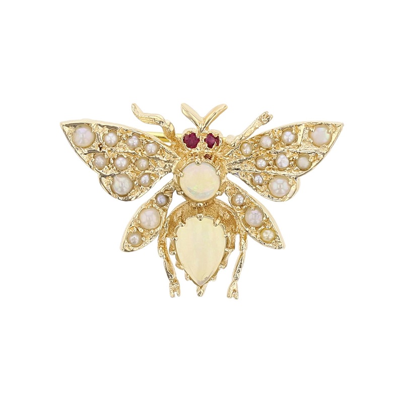 14K Yellow Gold Opal, Ruby and Pearl Butterfly Pin