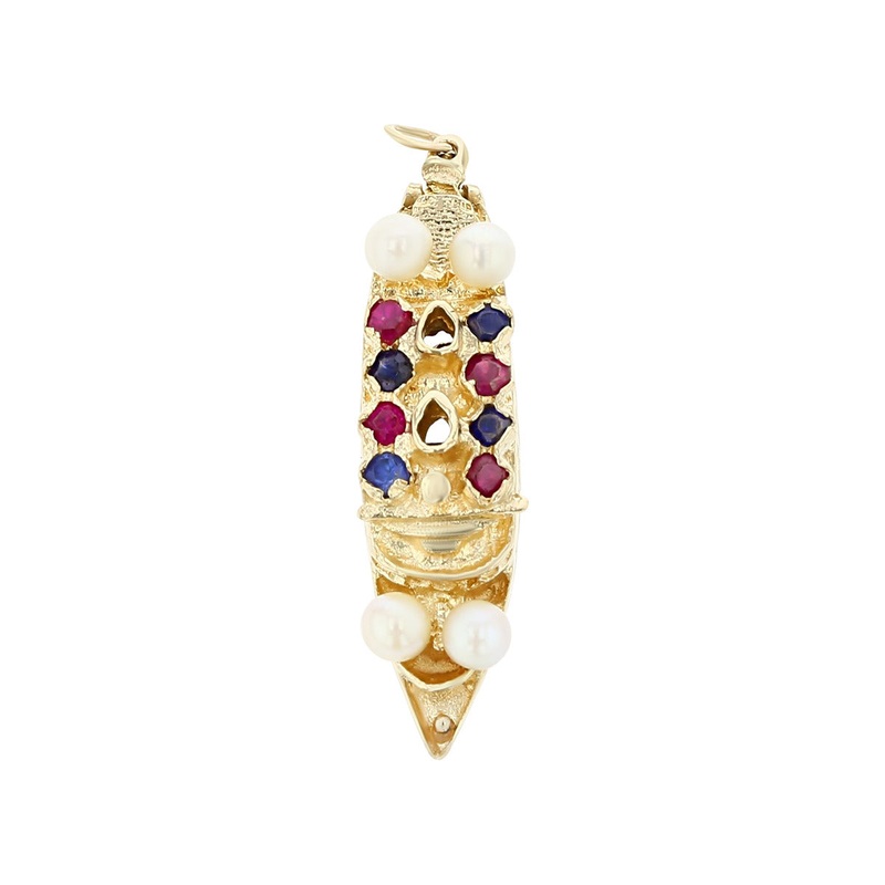 14K Yellow Gold Pearl and Synthetic Stone Ship Charm