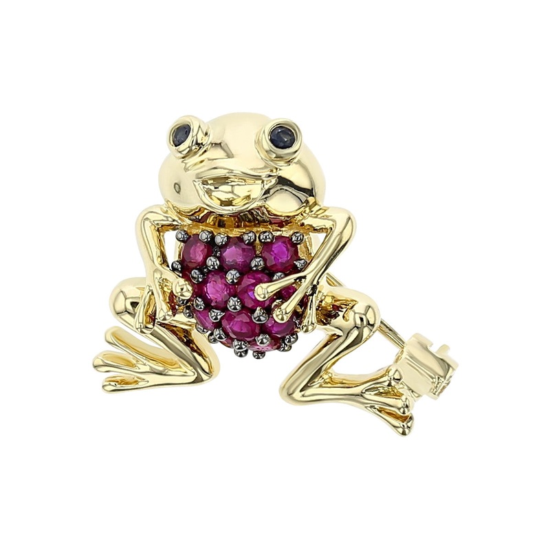 14K Yellow Gold Ruby and Emerald Eye Frog Pin