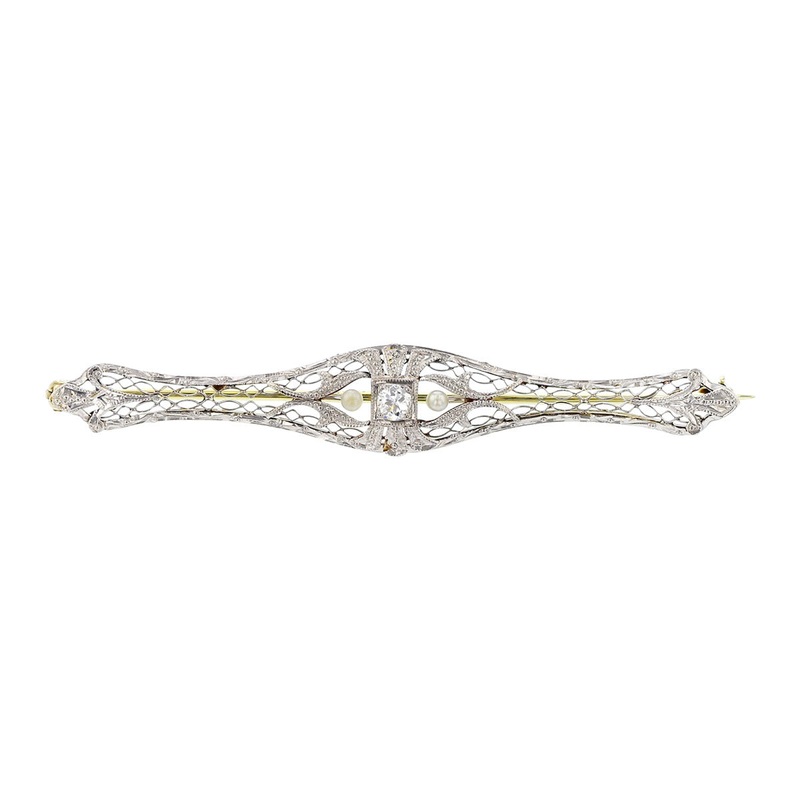 Art Deco Old Mine Cut Diamond and Pearl Filigree Pin