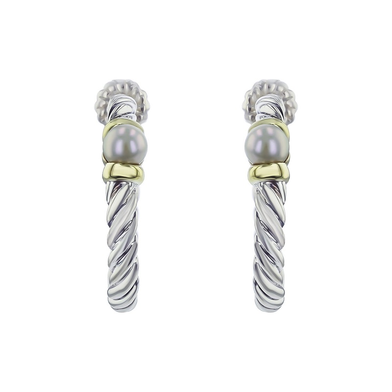 David Yurman Grey Pearl Hoop Earrings with 14K Gold