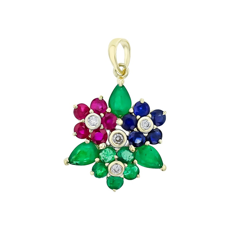Emerald, Ruby, Sapphire and Diamond Cluster Pendant