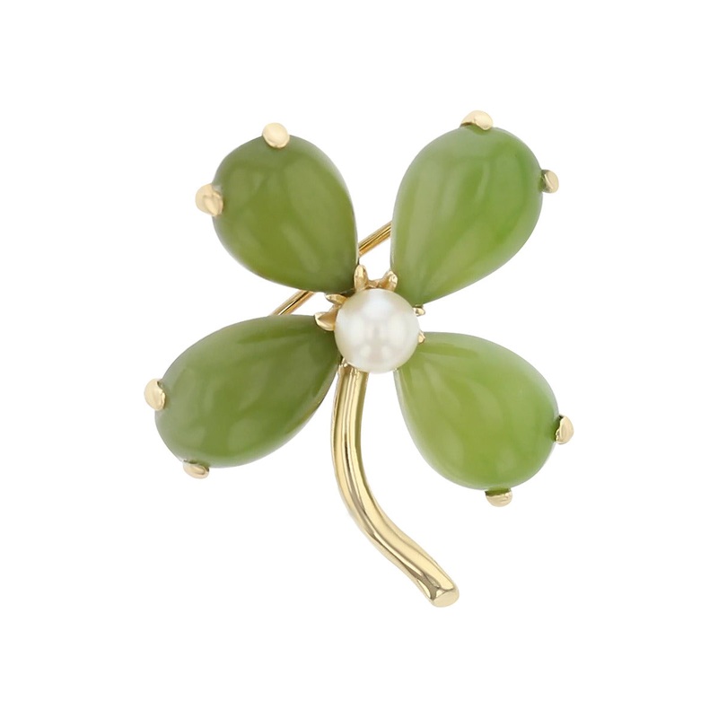 Jade and Freshwater Pearl 4-Leaf Clover Pin