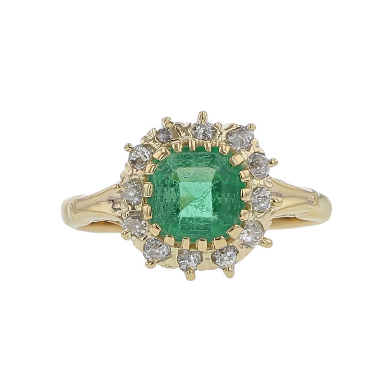 Retro 14K Yellow Gold Emerald and Diamond Halo Ring