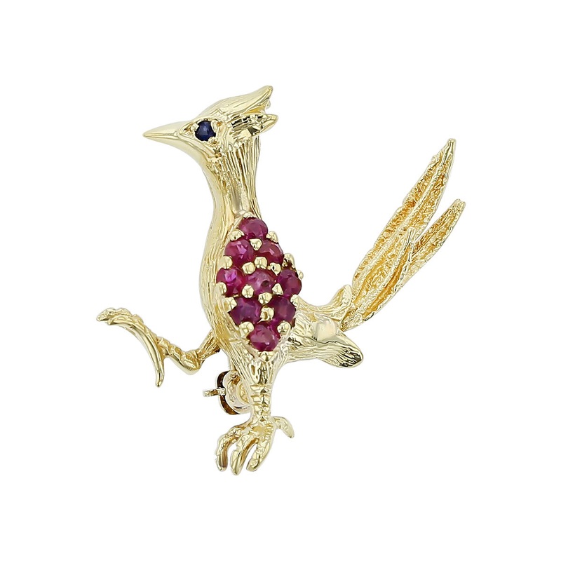 Road Runner Pin with Rubies and Sapphire Eye