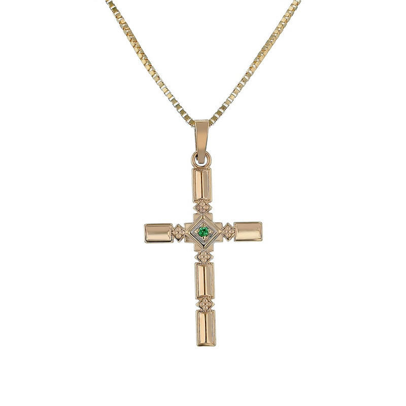 Semi Precious Cross Necklace in 14K Yellow Gold, 20"