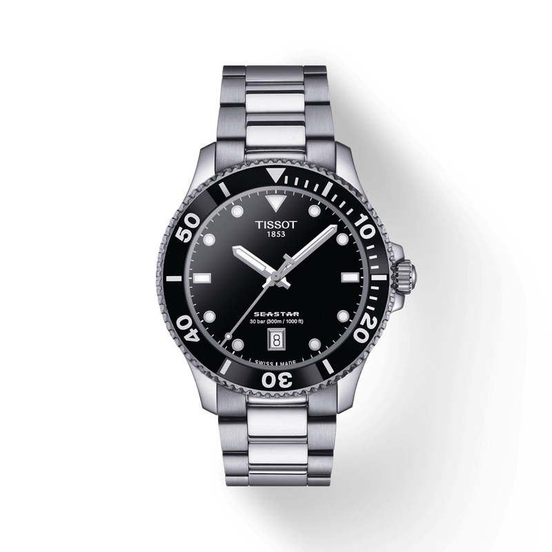 40mm Seastar 1000 Quartz Black Index Marker Dial and Date Black Bezel Watch in Stainless Steel with Bracelet