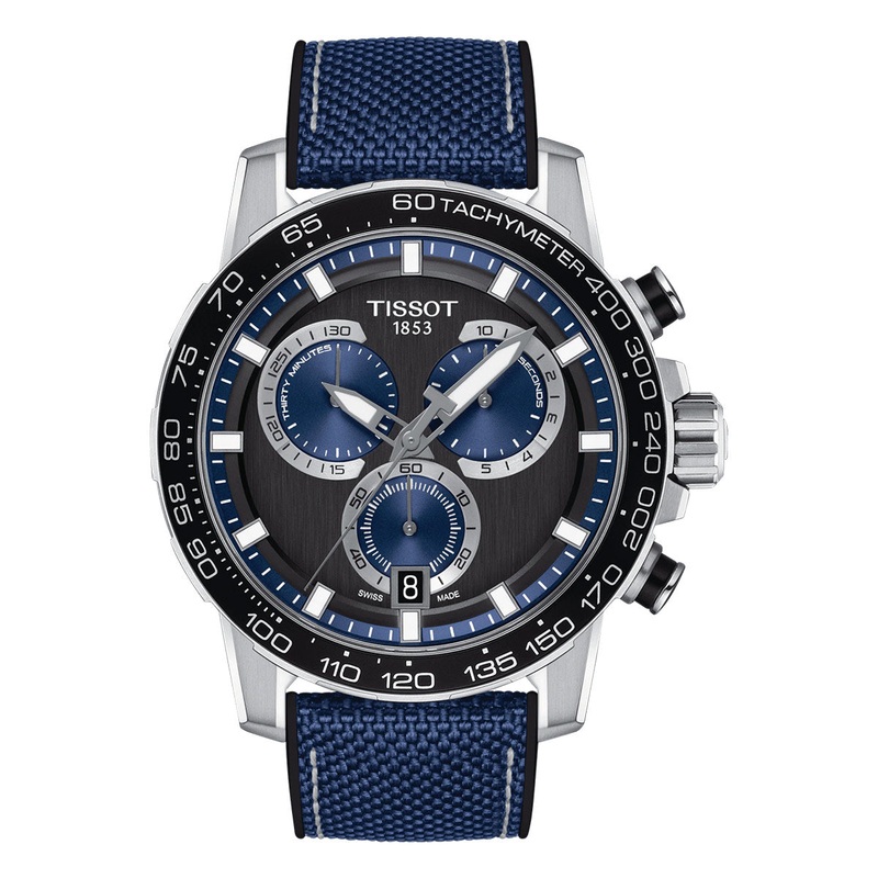 45.5mm Supersport Chrono Quartz Black Dial and Blue Subdials with Date Watch in Stainless Steel with Blue- Black Strap