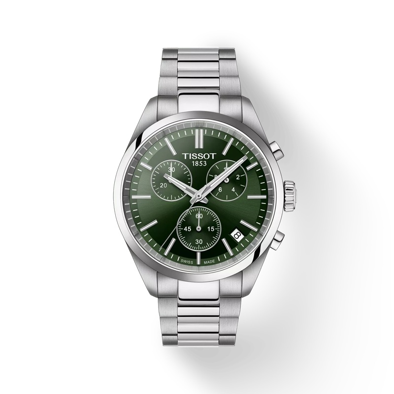 40mm PR 100 Chronograph Watch with Green Dial in Stainless Steel, Bracelet