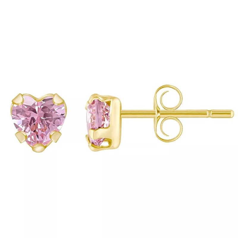 Yellow Gold Cubic Zirconia Pink Heart Earrings