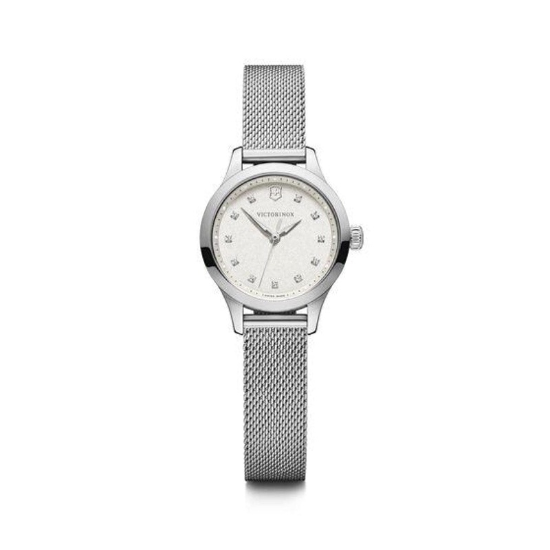 28MM STEEL ALLIANCE XS, WHITE DIAL WITH SWAROVSKI CRYSTALS. MESH BRACELET.