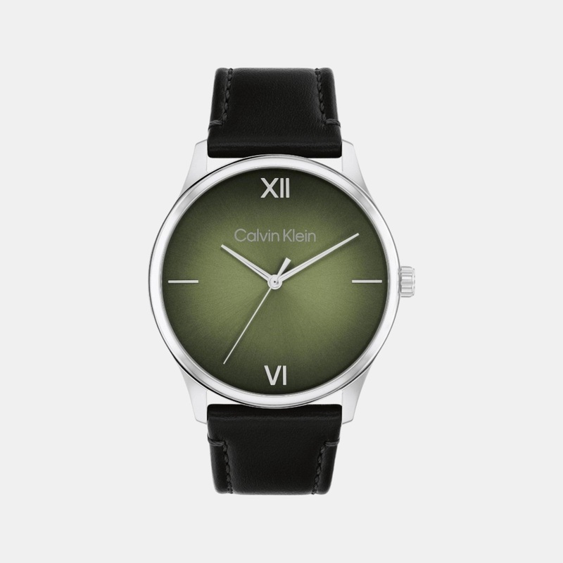 Men Quartz Analog Olive Green Dial Leather Watch 25200454