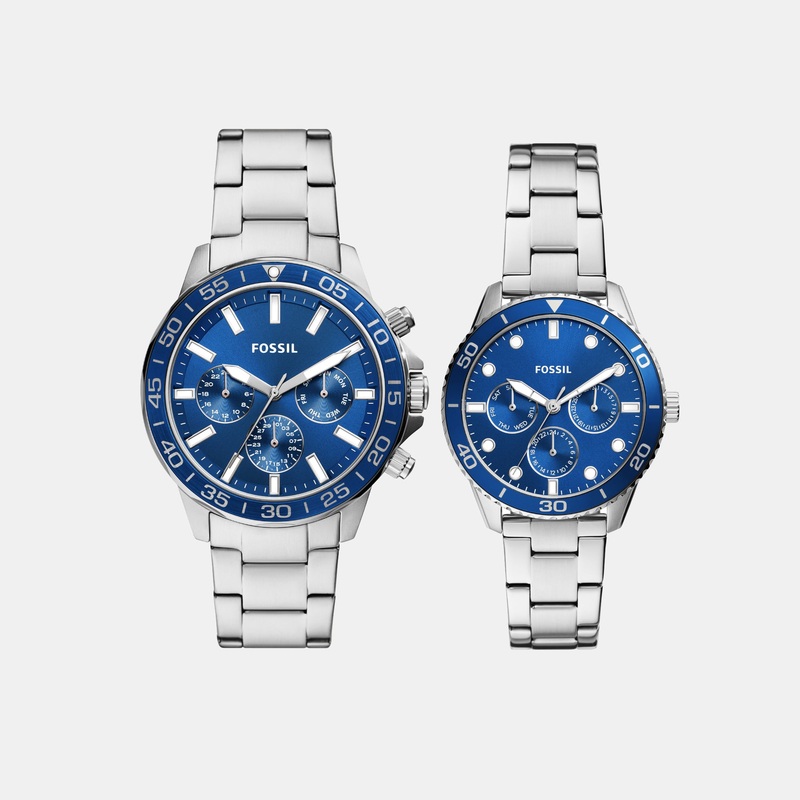Bannon His and Hers Couple Quartz Blue Dial Multi-Function Stainless Steel Watch BQ2828SET