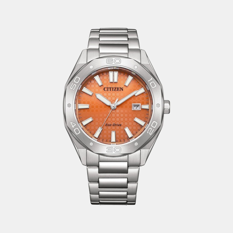Men Eco-Drive Orange Dial Analog Stainless Steel Band Watch BM7630-80Z