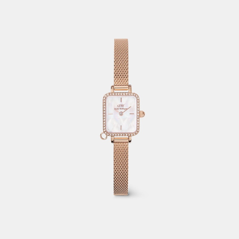 Quadro Mini Crystal Zodiac Women Quartz White Dial Analog Mesh Watch DW00100751