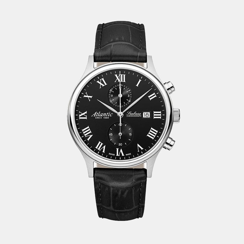 Seabase Men Quartz Black Dial Chronograph Leather Watch 64452.41.68