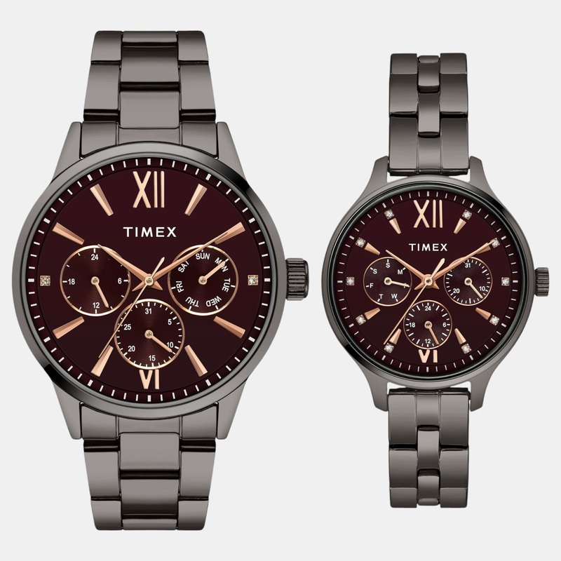 Couple Quartz Burgundy Dial Multi-Function Stainless Steel Watch TW00PR314