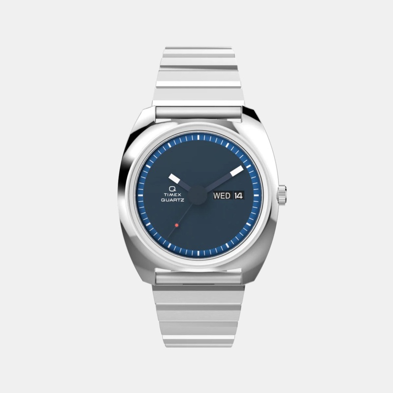 Q Timex 1975 Enigma Reissue Men Quartz Blue Dial Analog Stainless Steel Watch TW2W59800UJ