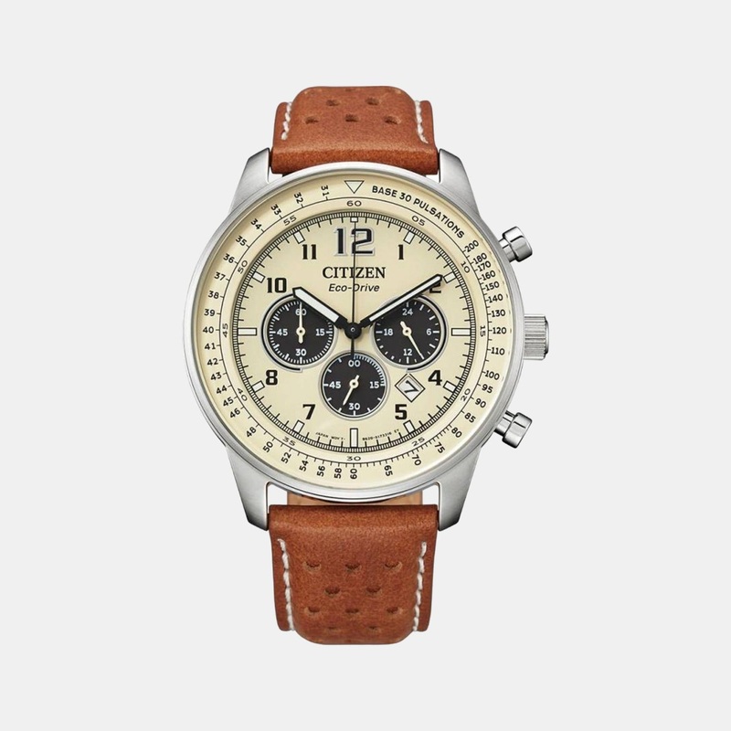 Eco-Drive Men Cream Dial Chronograph Leather Watch CA4500-16X