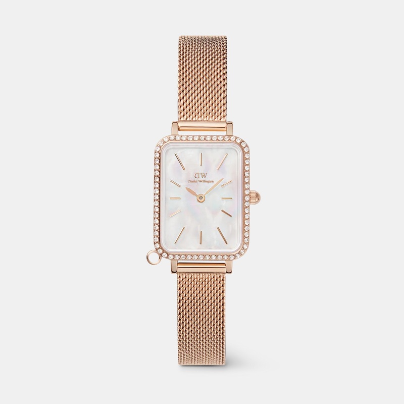 Quadro Mini Crystal Zodiac Women Quartz White Dial Analog Mesh Watch DW00100748