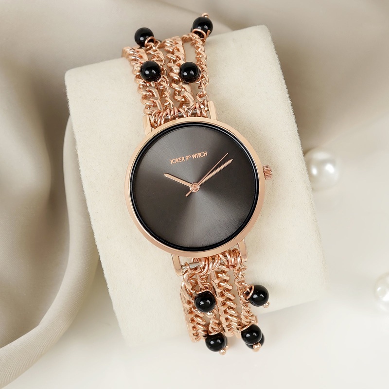 Adaline Black Sunray Dial Single Wrap Rose Gold Pearl Watch