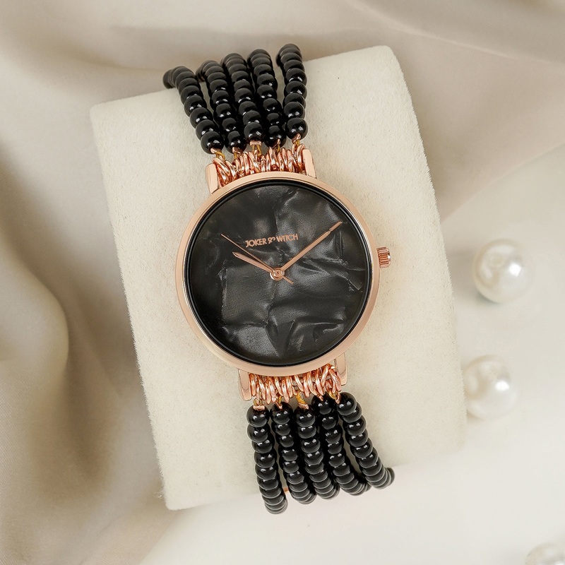 Alessandra Black MOP Dial Single Wrap Rose Gold Black Pearl Watch