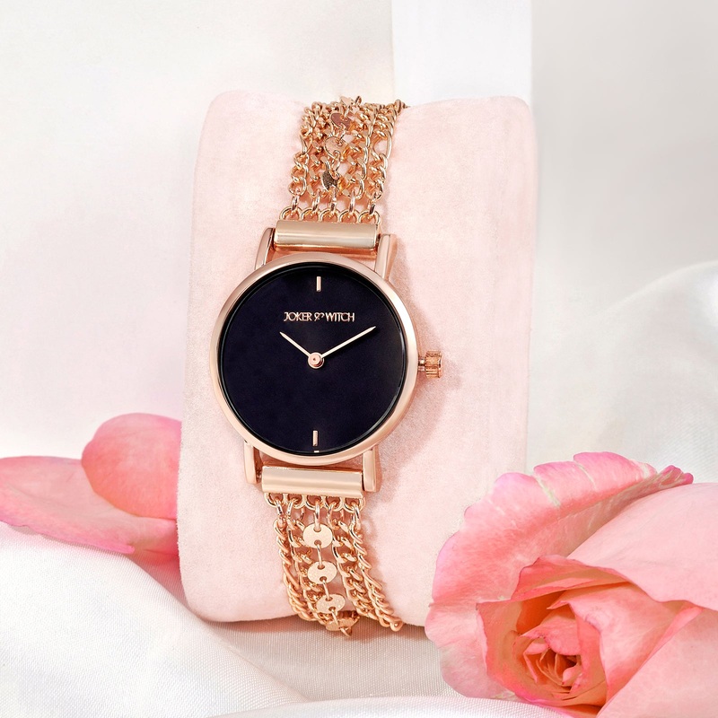 Seraphina Rose Gold Watch With Black Dial And Metallic Chain Wrap Around Watch