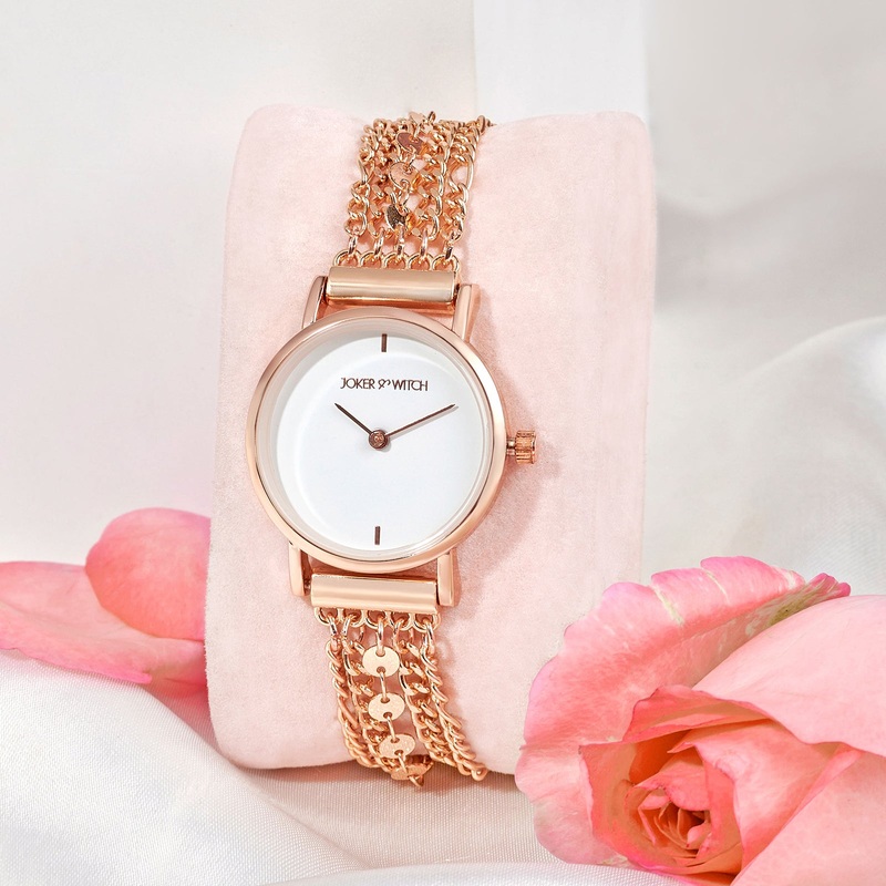Seraphina Rose Gold Watch With White Dial And Metallic Chain Wrap Around Watch