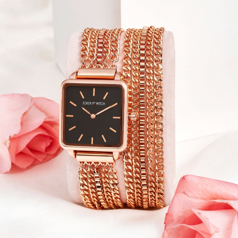 Vine Rose Gold Watch with a Square Black Dial and Metallic Chain Double Wrap-Around Strap