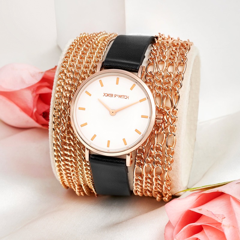 Winona Rose Gold Watch With Dual Metal And Black PU Triple Wrap Around Strap Watch