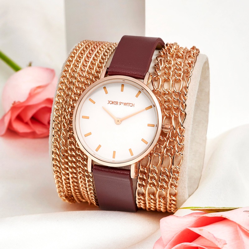 Winona Rose Gold Watch With Dual Metal And Maroon PU Triple Wrap Around Strap Watch