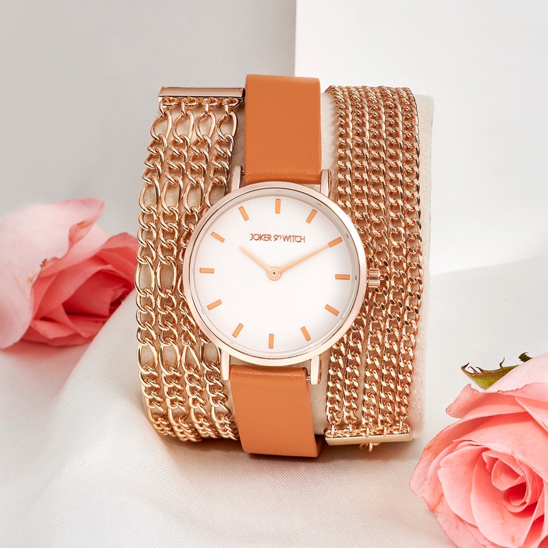 Winona Rose Gold Watch With Dual Metal And Tan PU Triple Wrap Around Strap Watch