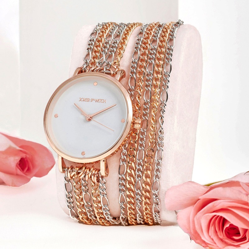 Zelda Dual Tone Watch With White Dial And Metallic Chain Double Wrap Around Strap