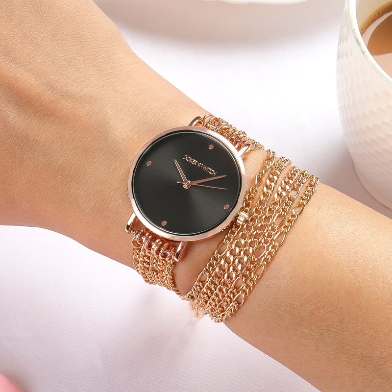 Zelda Rose Gold Watch With Black Dial And Metallic Chain Double Wrap Around Strap