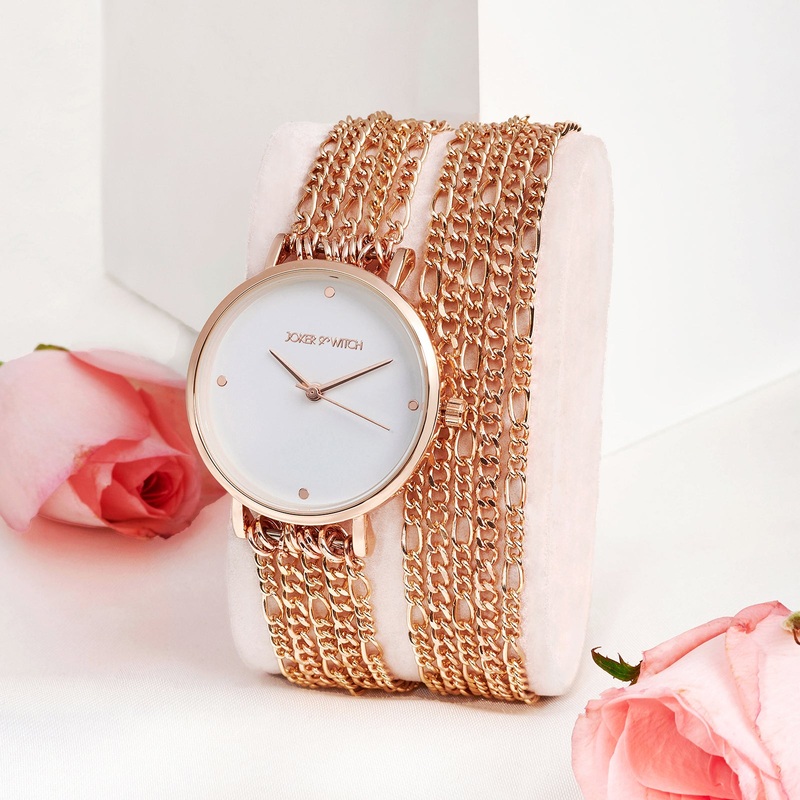 Zelda Rose Gold Watch With White Dial And Metallic Chain Double Wrap Around Strap