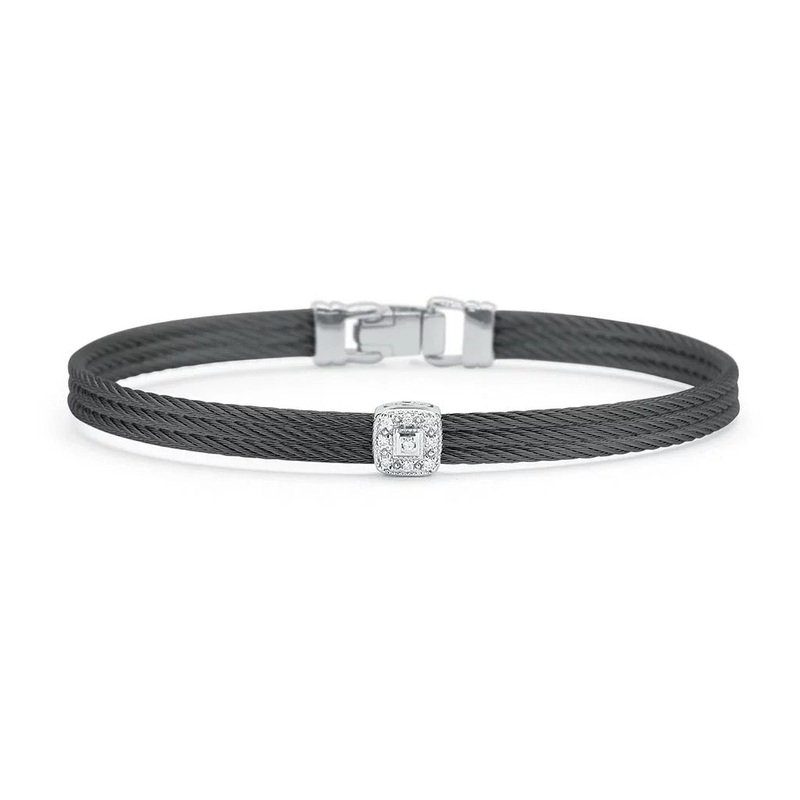 Black Cable Classic Stackable Bracelet with Single Square Station set in 18k White Gold