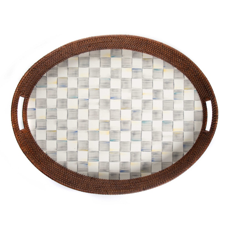 MacKenzie-Childs Sterling Check Rattan & Enamel Party Tray