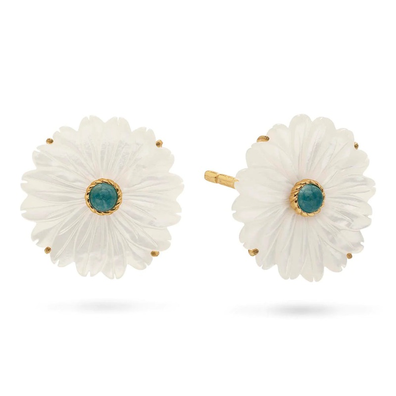Capucine de Wulf Mermaid Garden Flower Stud Earrings In Mother of Pearl and Ocean Jade