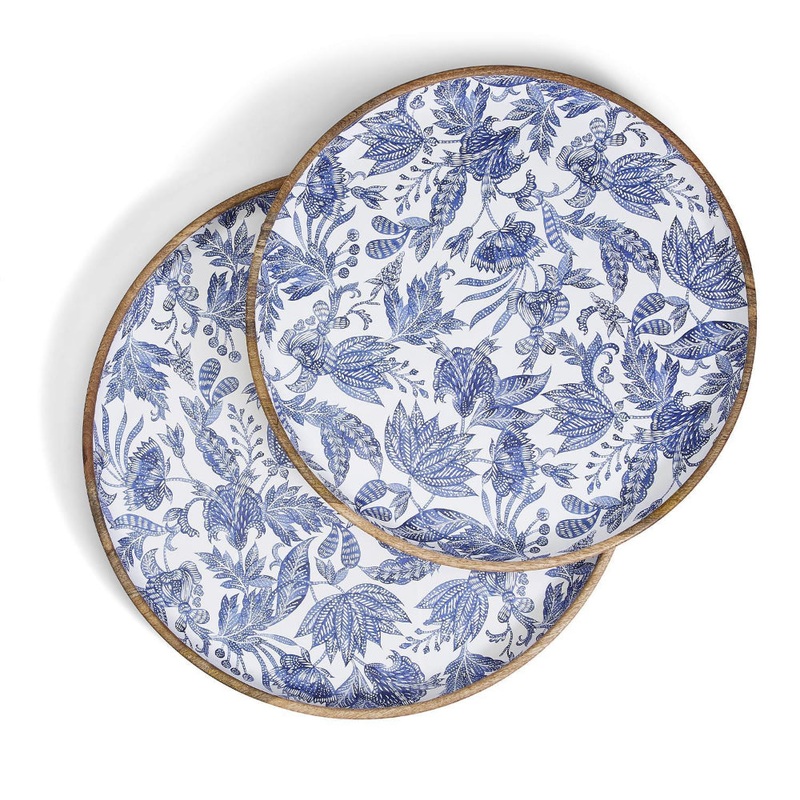 Two's Company Blue Batik Round Wood Tray