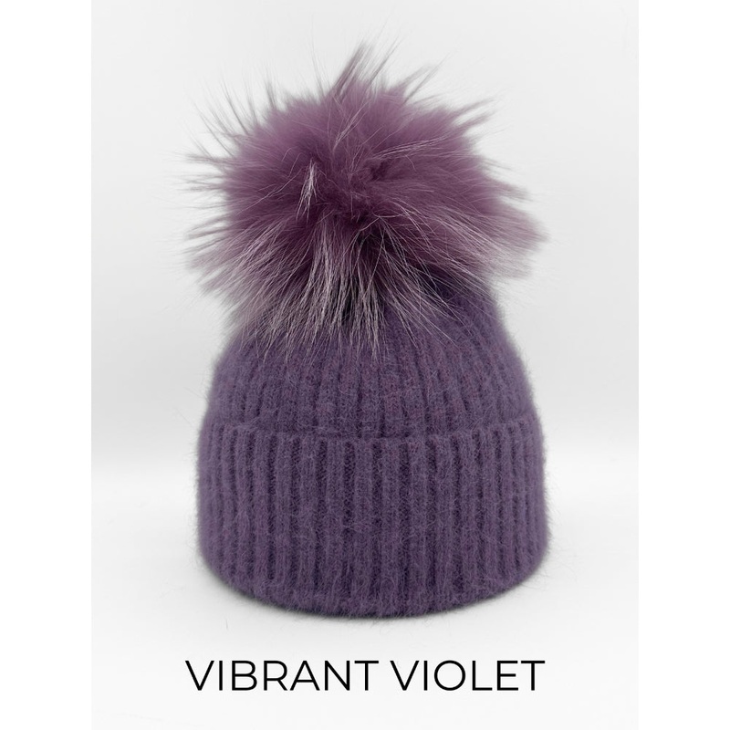 Linda Richards Genuine Wool and Angora Blend Ribbed Knit Fur Pom Pom- Violet