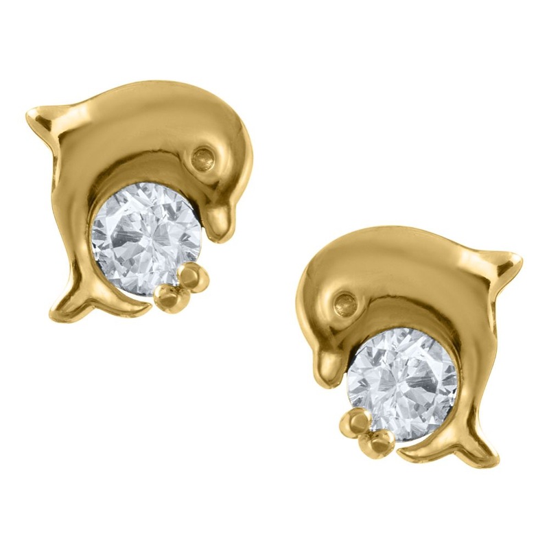 Children's 14k Gold Dolphin Stud Earrings with Cubic Zirconia