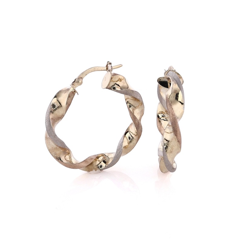 Estate 14 Karat Brushed White and Polished Yellow Gold Twist Design Hoop Earrings