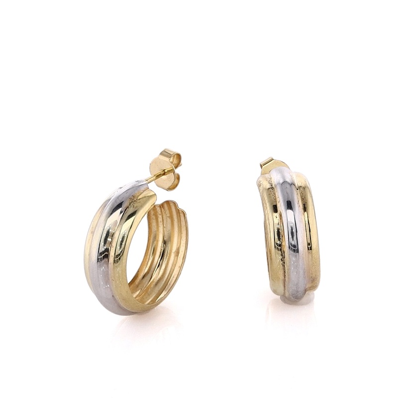 Estate 14 Karat Two-Tone Polished Center White Ribbed Design Hoop cEarrings