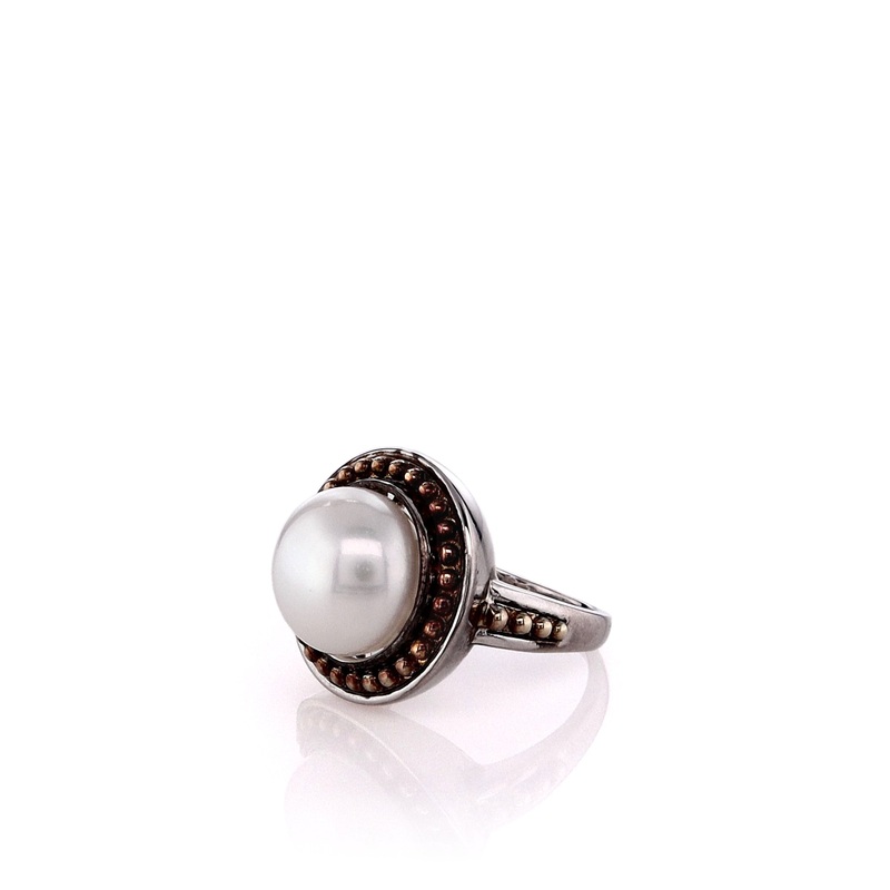 Honora Two-Tone Beaded Yellow Gold Frame Button Pearl Ring