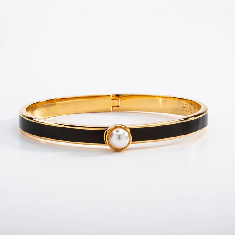 Halcyon Days 6mm Skinny Cabochon Pearl Gold Hinged Enamel Bangle