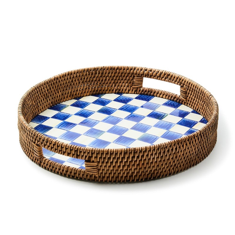 MacKenzie Childs Royal Check Enamel & Rattan Tray - Round