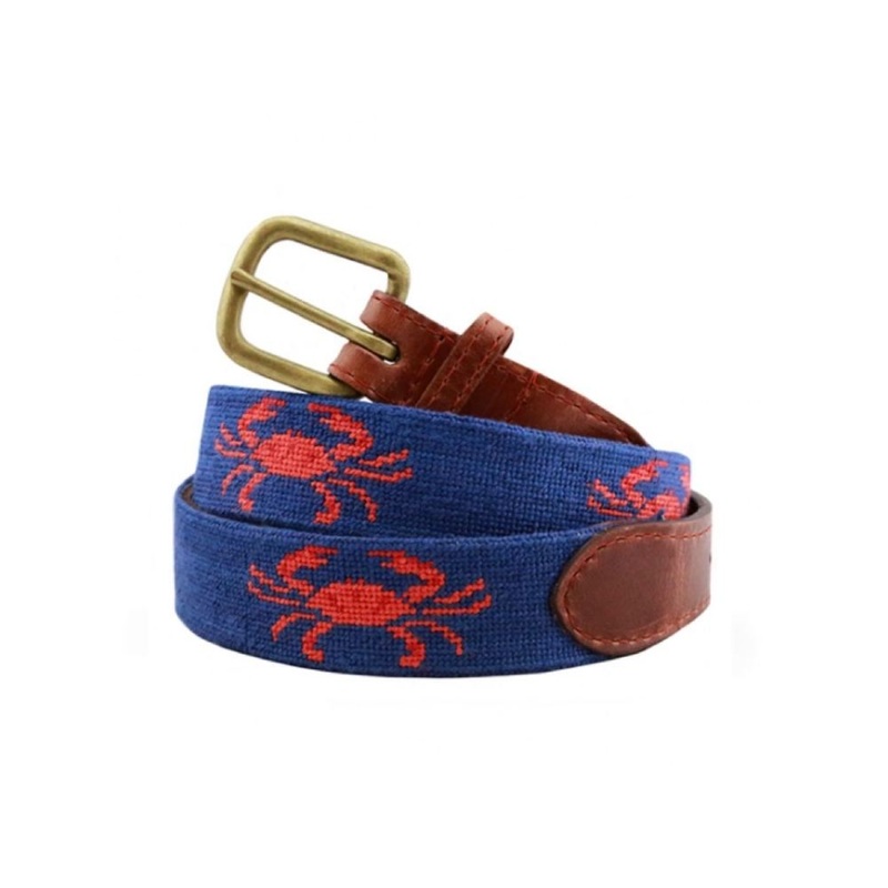 Smathers & Branson Coral Crab Needlepoint Belt - Classic Navy