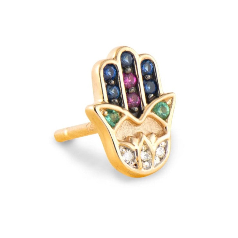 14KYG DIA, EMER, SAP SINGLE TINY HAMSA STUD