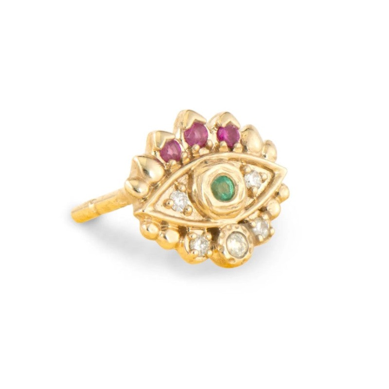 14KYG DIA, PK SAP, EMR SINGLE EVIL EYE STUD EARRING